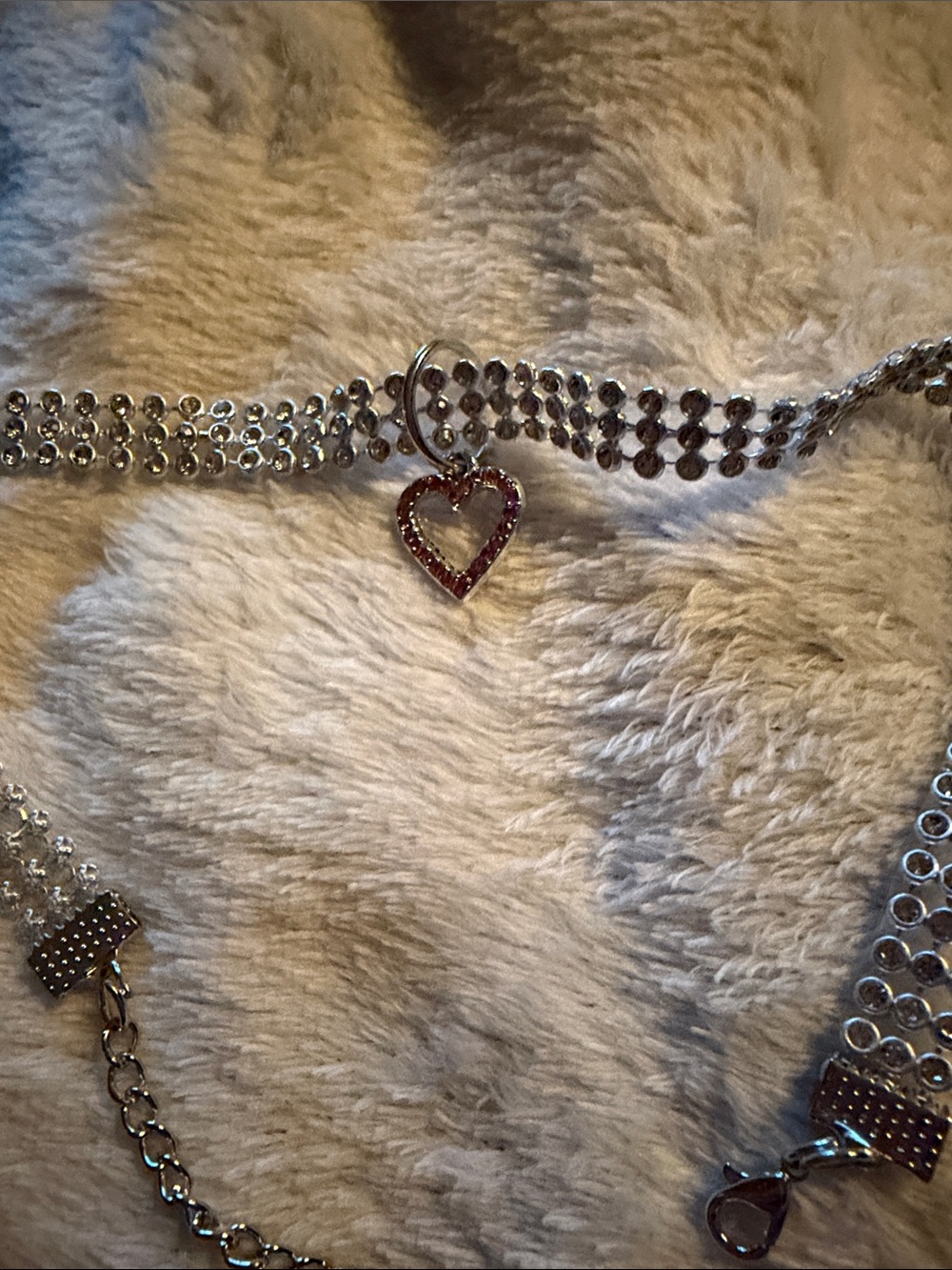 Silver Tone Rhinestone Heart Choker Necklace with Pink Stones